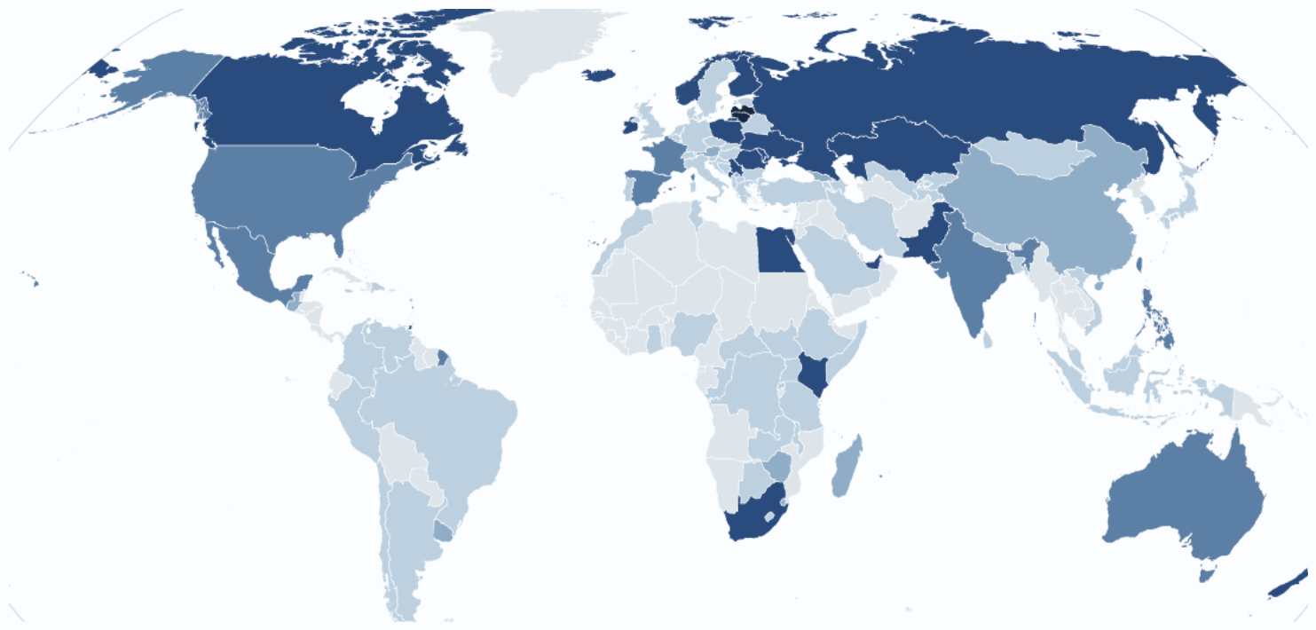 World map of countries and territories where World NGO Day is marked, shaded by level of recognition